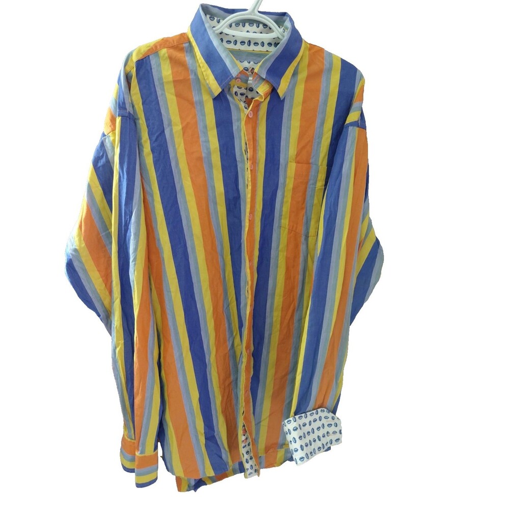 Bugatchi Uomo Shirt Men's XXLT Orange/Blue/Yellow Striped Button Down